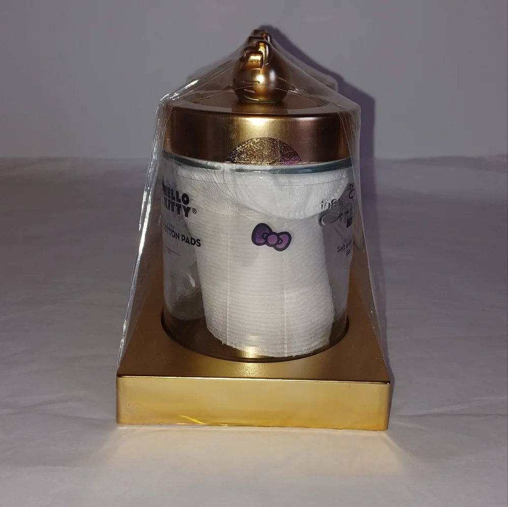 Last Set! Hello Kitty Glass Jar Vanity Set w/Cotton Swabs & Pads, Gold - Picture 4 of 6